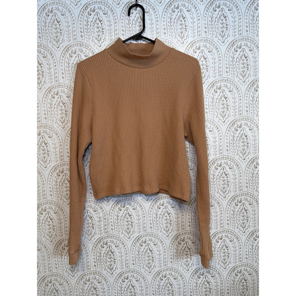 Aerie‎ XXL Tan Waffle Knit Mock Neck Long Sleeve Cropped Thermal Top Brown